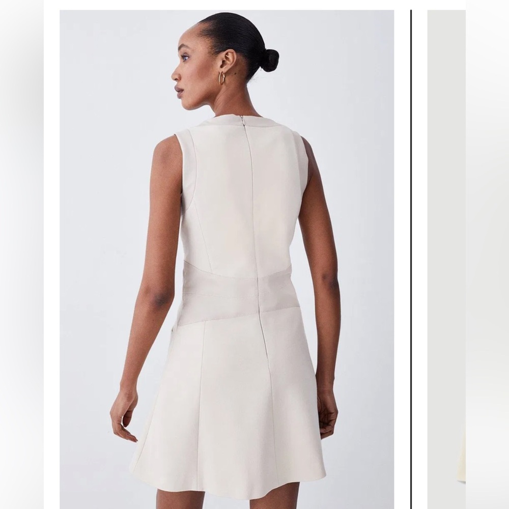 NWT Karen Millen Ponte Faux leather A line flippy mini dress 12 Tall beige - Picture 6 of 13